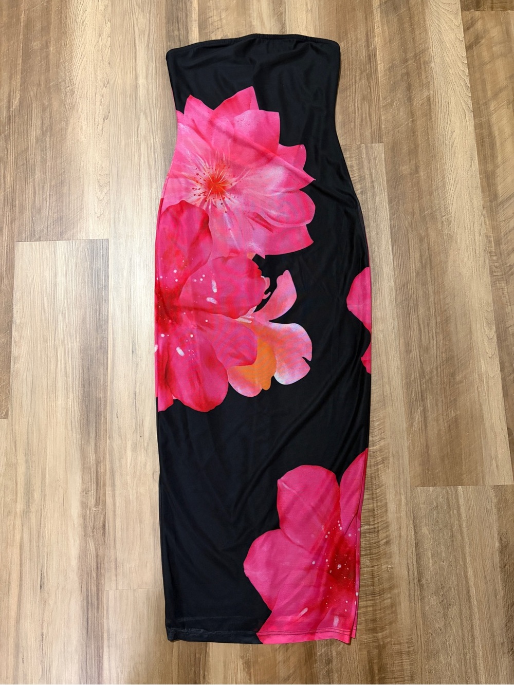 Strapless Black Midi Dress with Pink Floral Motif